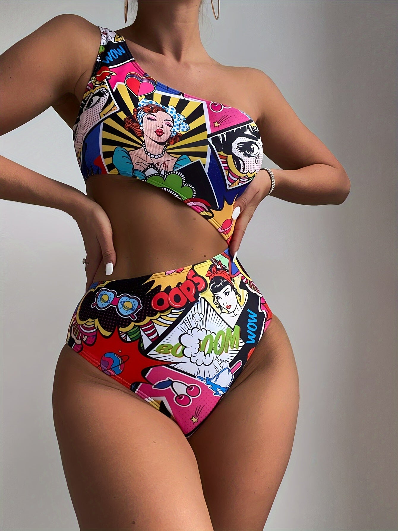 High-Stretch Womens One-piece Swimsuit - Fun Cartoon Comic Prints & Asymmetric Pop Art Design, Unique Cut Out Bathing Suit for a Fashion-Forward Look